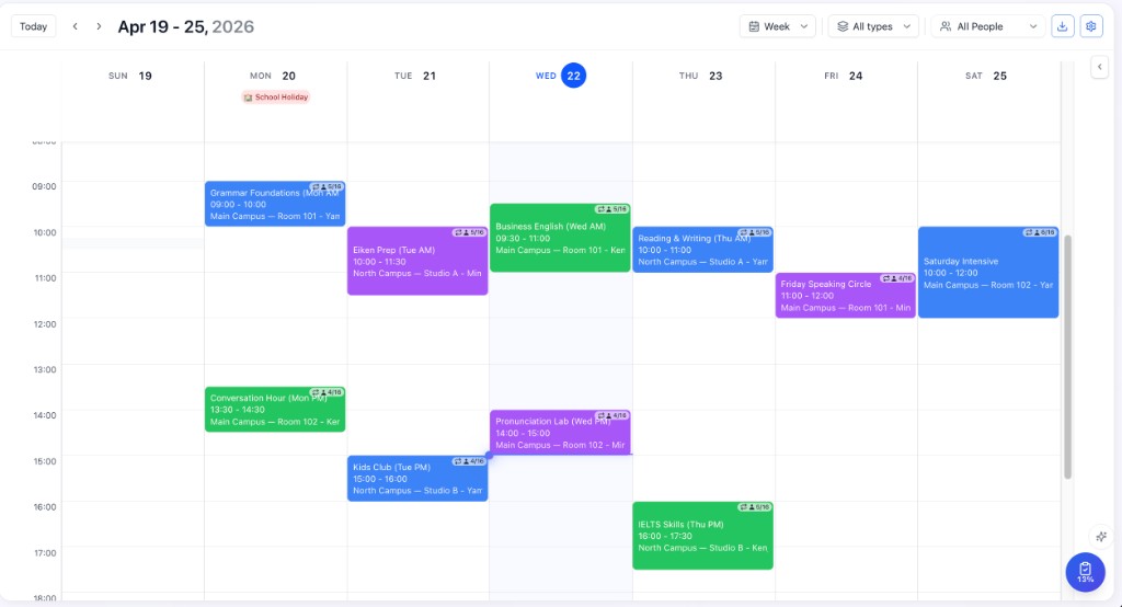 OneLearn week view — classes, rooms, and teachers on one board