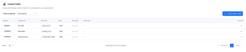 OneLearn Custom Fields — add any field to students, classes, families, or any module in seconds, with type, label, key, and required toggle