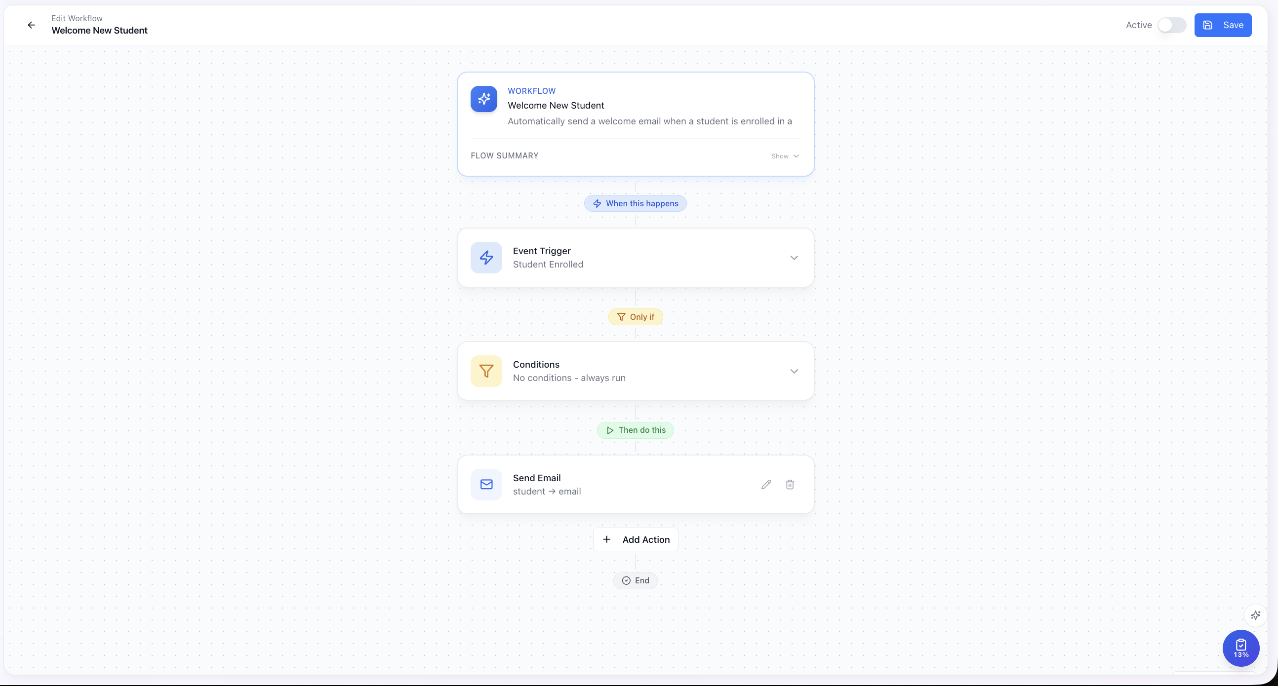 OneLearn Workflow editor — drag-and-drop triggers, conditions, and actions to automate notifications and follow-ups