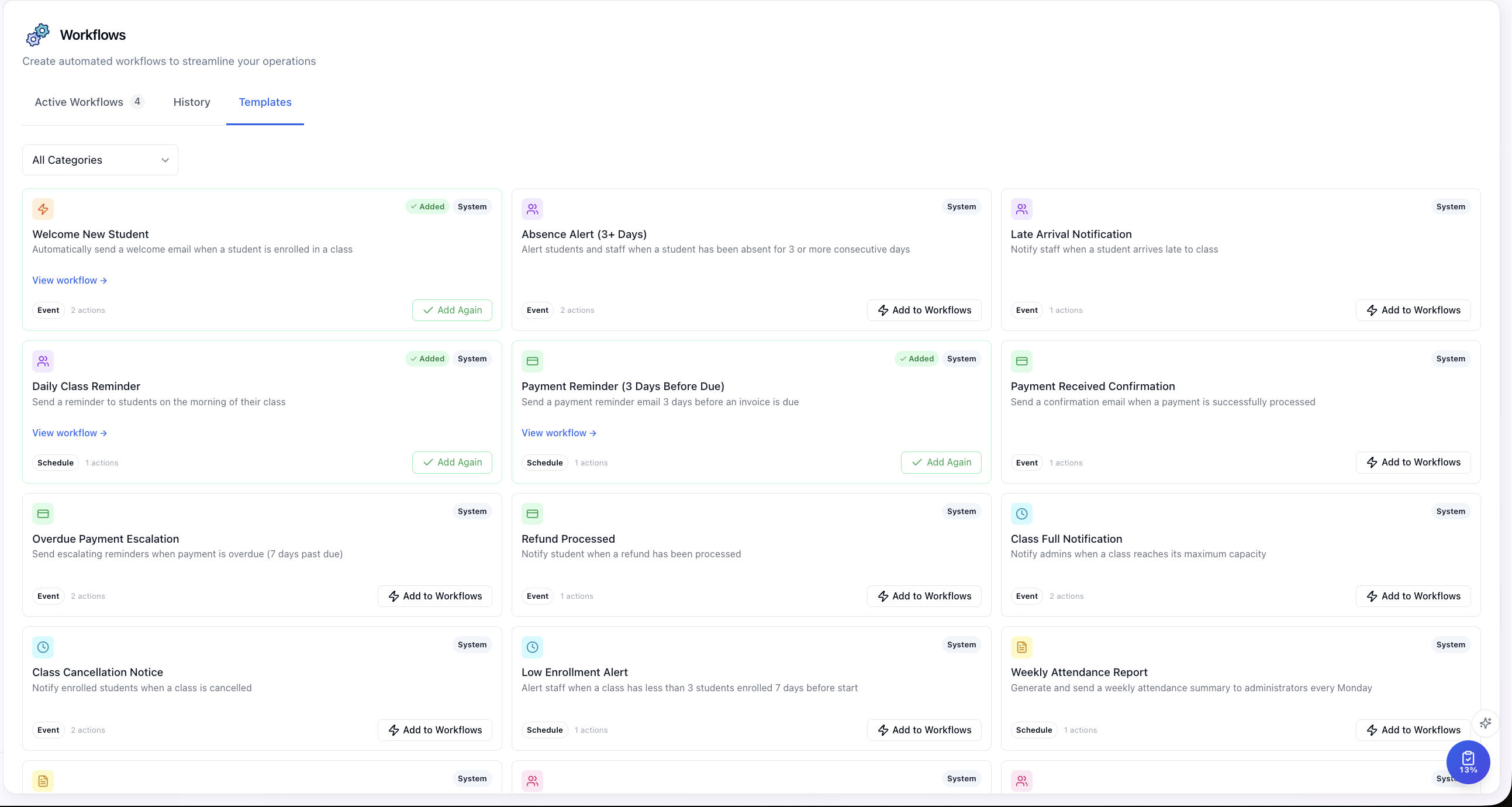 OneLearn Workflow template library — Welcome New Student, Absence Alert, Payment Reminder, Class Cancellation Notice, and more, ready to add in one click
