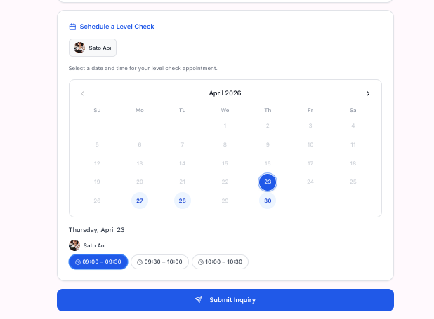 OneLearn online booking — parents pick a date and time for a level check or first visit, slot lands on the staff calendar automatically