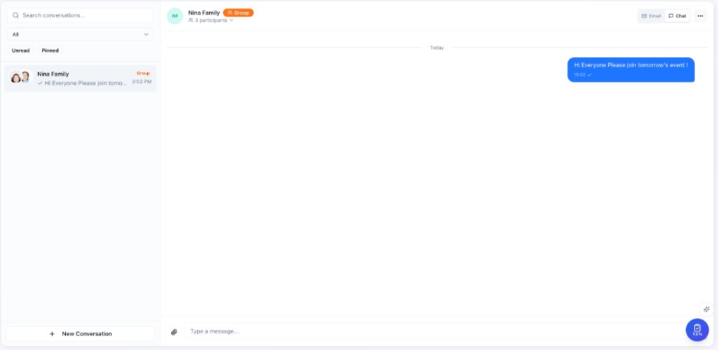 OneLearn in-app chat — family-grouped thread for Nina Family with one consolidated conversation