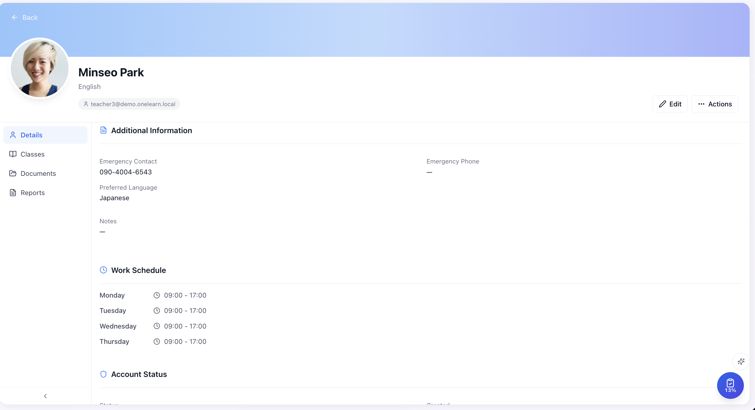 OneLearn teacher profile — schedule, documents, and staff details